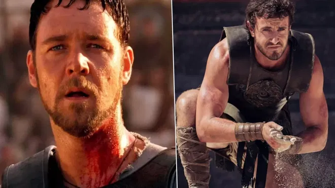 Russell Crowe in Gladiator, Paul Mescal in Gladiator II