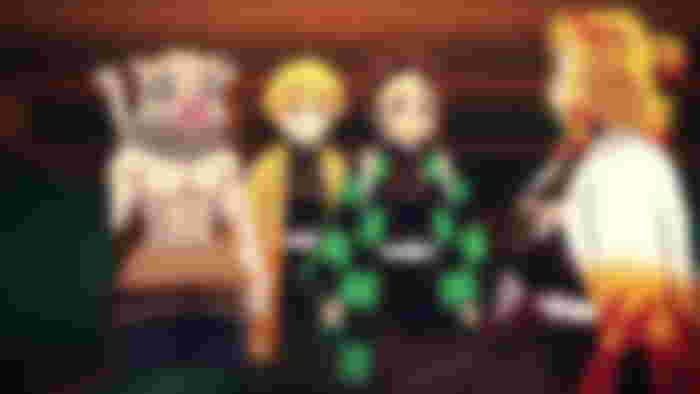 Inosuke, Zenitsu, Tanjiro, and Rengoku in Demon Slayer: Kimetsu no Yaiba Mugen Train.