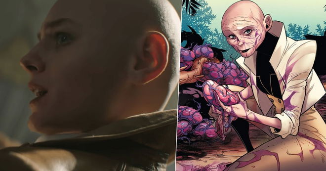 A split image of Emma Corrin's Cassandra Nova and its comic version