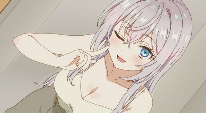 a girl with white hair and blue eyes is standing in front of a door .