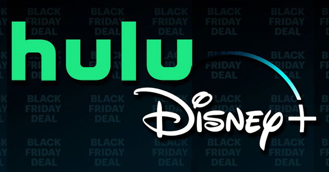 Hulu logo in green and Disney+ logo in white with a blue line coming from the "+" in front of a dark Black Friday patterned background.