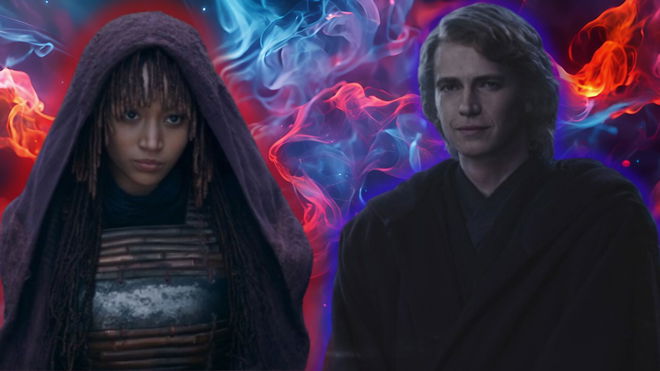 a man and a woman are standing next to each other in front of a colorful background .