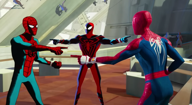 Spider-Men pointing at each other in a new Spider-Man: Across The Spider-Verse clip
