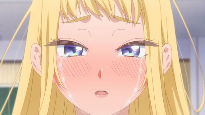 a close up of a blonde anime girl crying with tears running down her face .