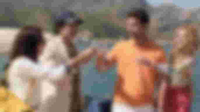 Aubrey Plaza as Harper Spiller, Wil Sharpe as Ethan Spiller, Meghann Fahy as Daphne Babcock, Theo James as Cameron Babcock in The Whit Lotus: Sicily