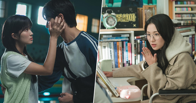 Sol holding Sun Jae's face and Sol in her room reacting to something on her tablet 