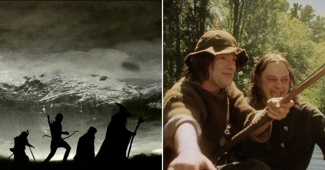 The Fellowship walking against the Misty Mountains and Smeagol and Deagol fishing in The Lord of the Rings