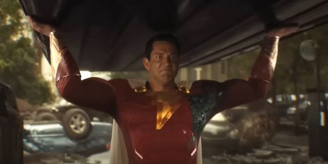 Shazam lifting a car with his super strength