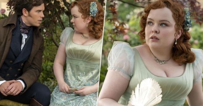A split image of Nicola Coughlan and Luke Newton in Bridgerton Season 3 Part 1