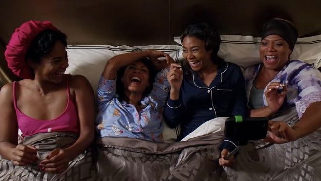 Tiffany Haddish as Dina, Regina Hall as Ryan Pierce, Queen Latifah as Sasha Franklin, Jada Pinkett Smith as Lisa Miller Cooper in Girls Trip
