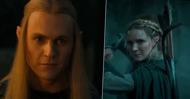 A split image of Sauron as Annatar and Galadriel from The Rings of Power