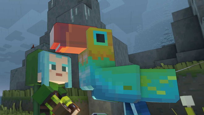 The Minecraft Legends Beetle mount flying.