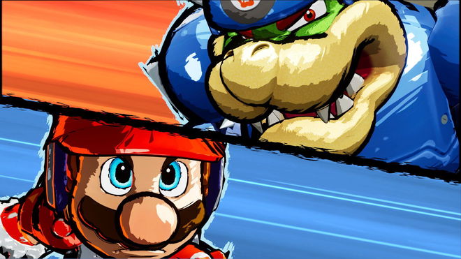Image of Mario and Bowser facing off in Mario Strikers: Battle League.