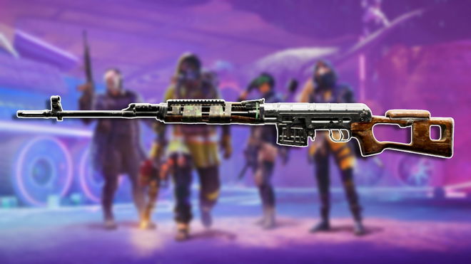 An SVD build placed on top of a blurred background of four XDefiant characters posing in a line with weapons at the ready.