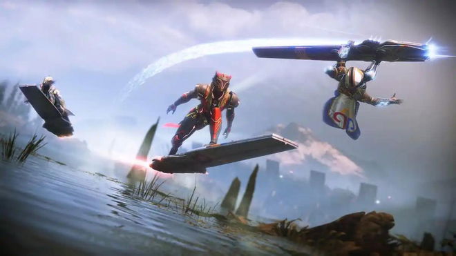 Guardians in Destiny 2 doing tricks in Skimmers