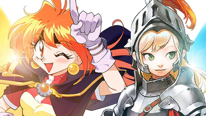 Screenshot from Guardian Tales, showing five anime characters in front of a blue sky