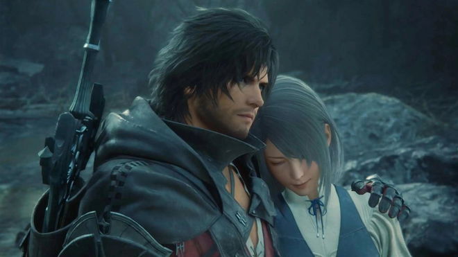 Clive holding a woman in Final Fantasy 16.