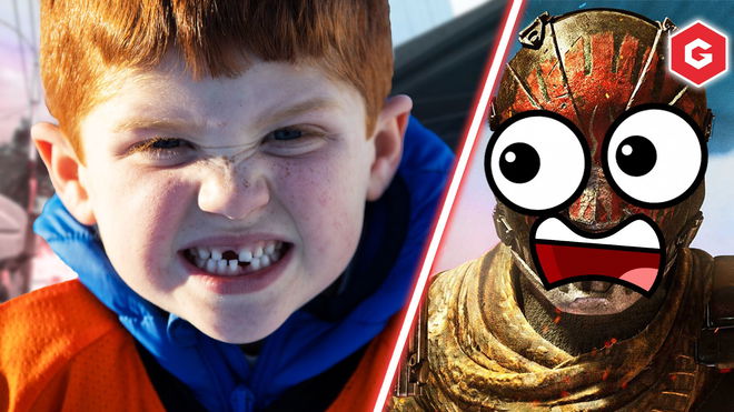 Image showing child with missing teeth and Warzone Operator with large eyes