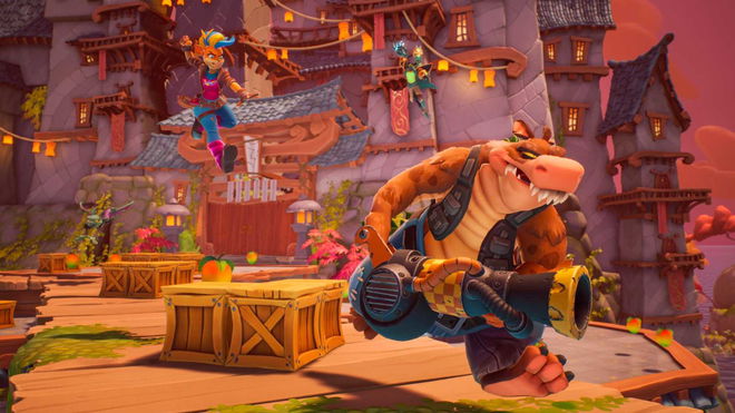 Dingodile being chased by Pawna in Crash Team Rumble.