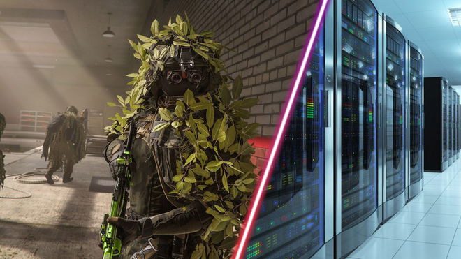 Screenshot of Modern Warfare 2 player wearing ghillie suit and holding gun and computer server room