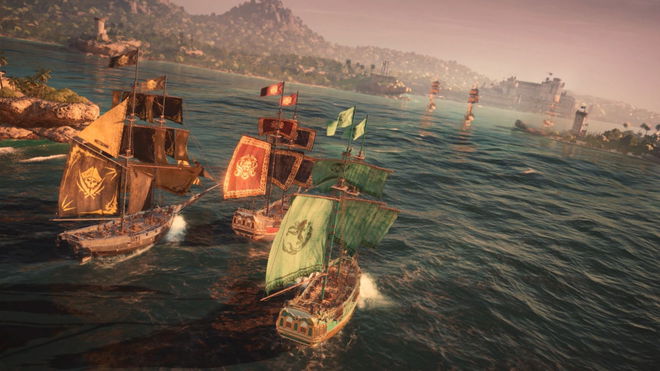 A group of ships sailing in Skull and Bones. 