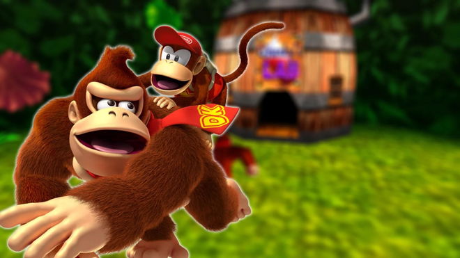 Donkey Kong and Diddy Kong in front of DK 64 gameplay