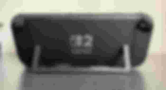 Switch 2 from behind with the full-width flip-stand folded out.