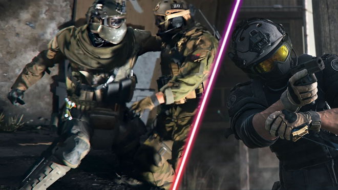 Screenshot of Warzone 2 player punching opponent and Warzone 2 player holding a pistol with a knife underneath in the other hand