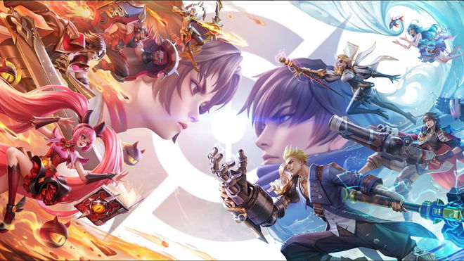 Key art for Honor of Kings, with two teams of characters clashing at the center of the image.