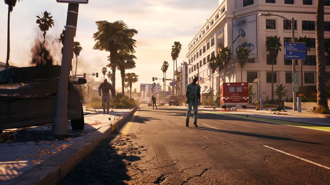 Screenshot showing Dead Island 2 zombies walking down street