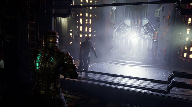 Isaac looking at Hammond locked in a room in the Dead Space remake.