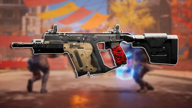 A Vector build placed above a blurred background of XDefiant gameplay, with two characters fighting in close range, one holding an energy shield.