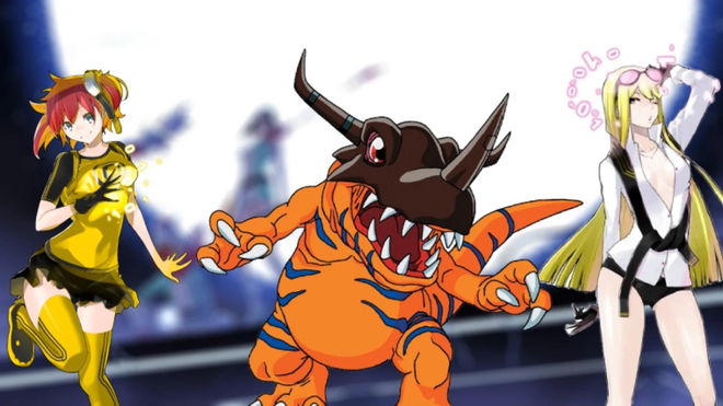Greymon and two women in front of the Digimon Story Time Stranger key art