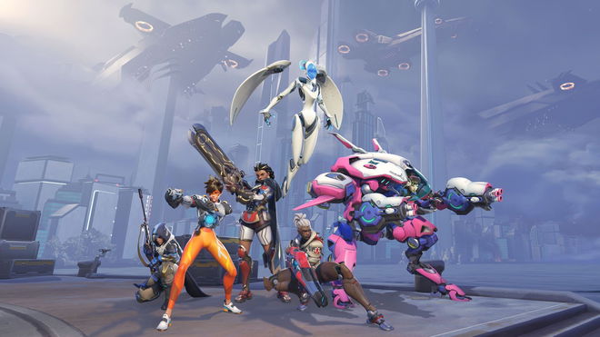 Overwatch 2 heroes standing in front of flying spaceships