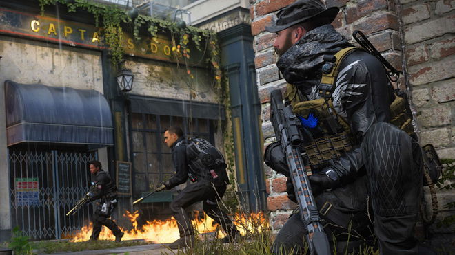Warzone Captain Price crouching while holding sniper rifle with players in background