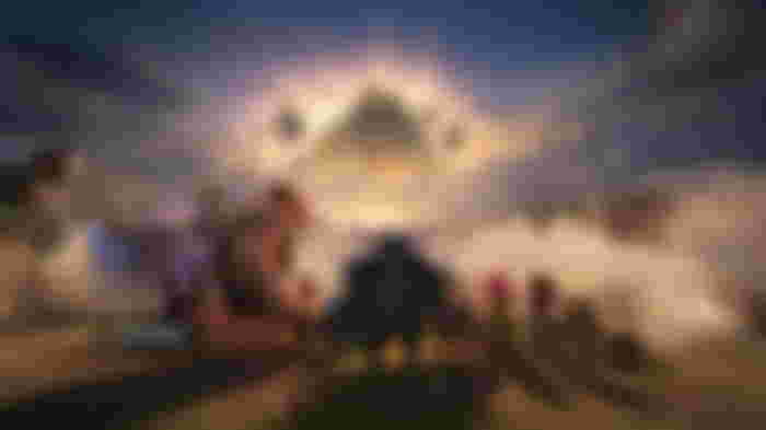 Image of various Clash of Clans characters staring ahead towards a sky base.