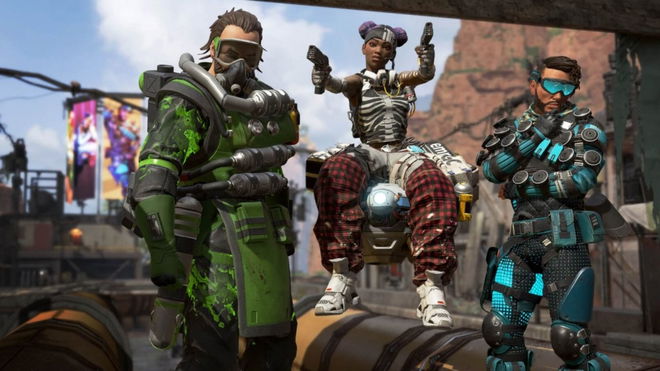 Apex Legends Caustic Lifeline and Mirage in craftable skins. From left to right it's Caustic, Lifeline and Mirage. 