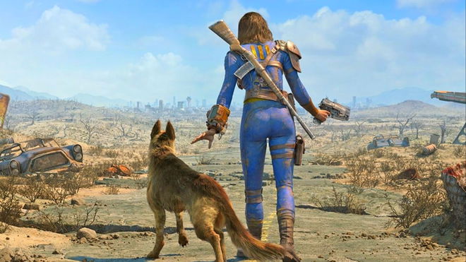 Fallout 4 protagonist walking a desolated road with a dog nearby