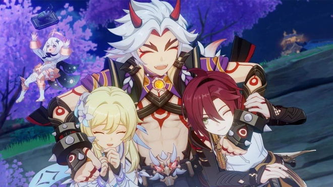 Genshin Impact characters hugging during a cutscene 