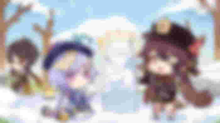 Three chibi characters playing in a snowy forest in Genshin Impact.
