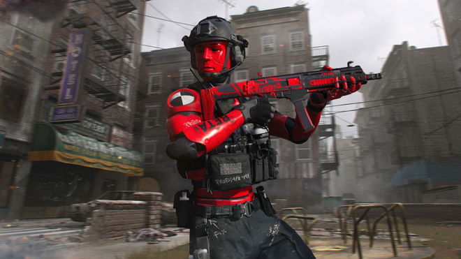 Modern Warfare 3 player holding gun with Skidrow map in background