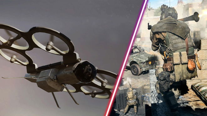 Screenshot showing Warzone 2 bomb drone killstreak and a Warzone 2 player firing an RPG at a truck 