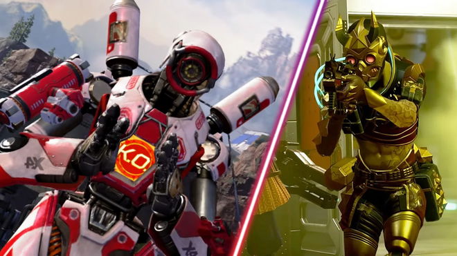 Screenshot of Apex Legends Pathfinder with hands close together and Apex Legends player aiming down sights of a gun