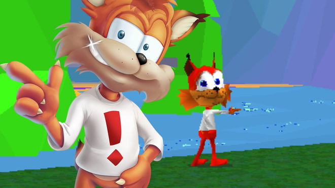 Bubsy the Bobcat posing in front of HD Bubsy 3D Gameplay 