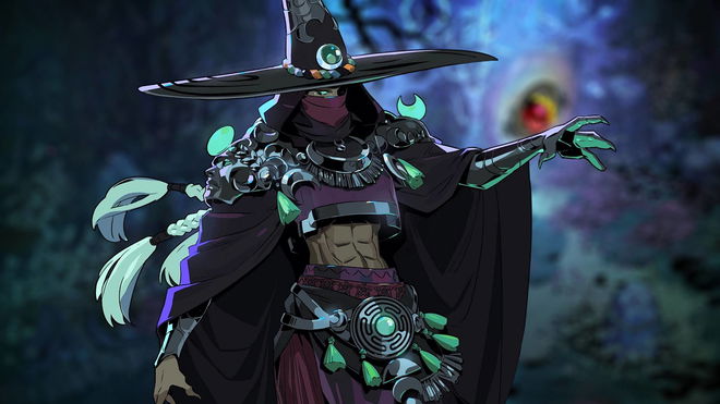 Hecate, Melinoe's mentor, with her left arm extended forward, standing against a slightly blurred background of a forest-like environment.