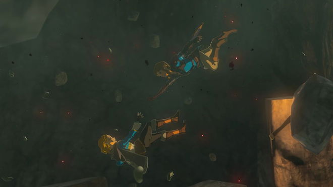 Two characters are falling down in Zelda Tears of the Kingdom.