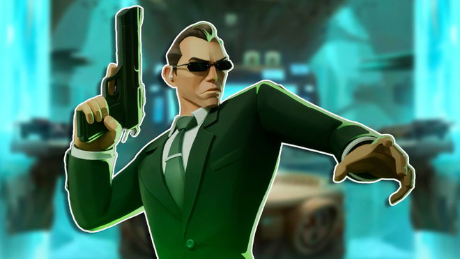 Agent Smith from MultiVersus holding a handgun in his right hand looking alert.