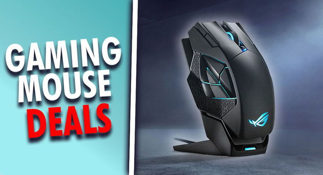 A black ergonomic ASUS mouse featuring blue lights resting in a charging stand. Next to it, "GAMING MOUSE DEALS" text in white and red.