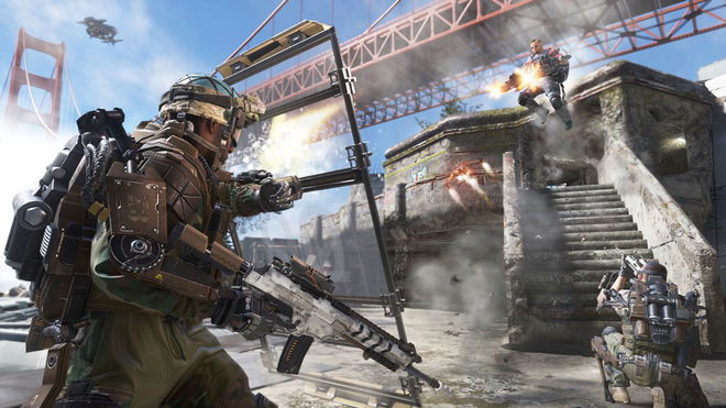 Advanced Warfare player using riot shield to protect from opponents. Advanced Warfare is made by Modern Warfare 3 developer Sledgehammer Games