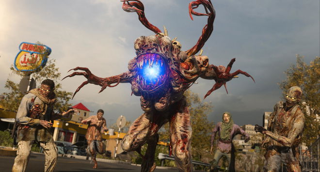 call of duty modern warfare 3 zombies with a boss zombie with blue light in mouth in middle